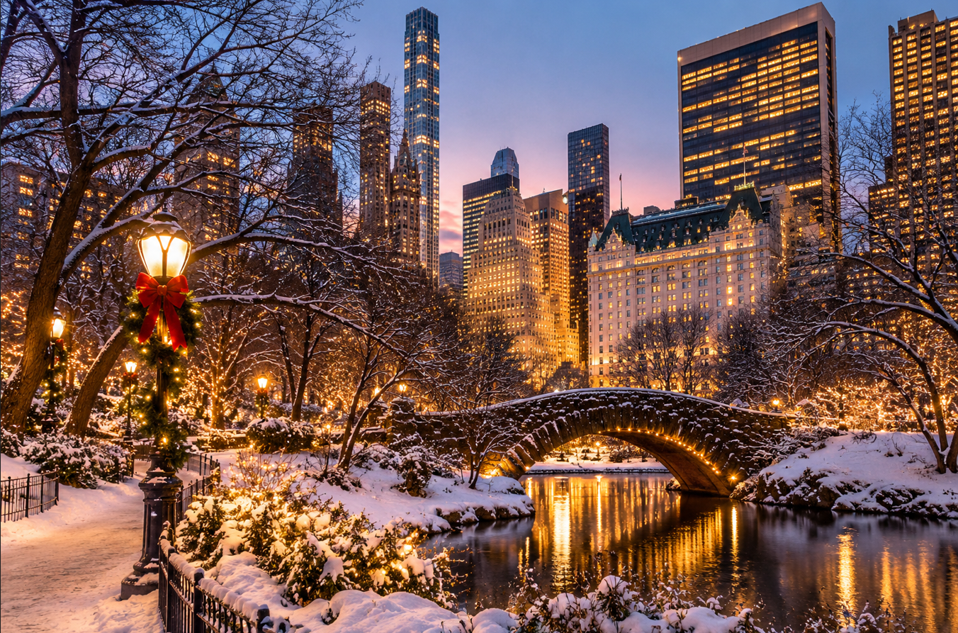 Central Park sous la neige à Noël, New York, USA